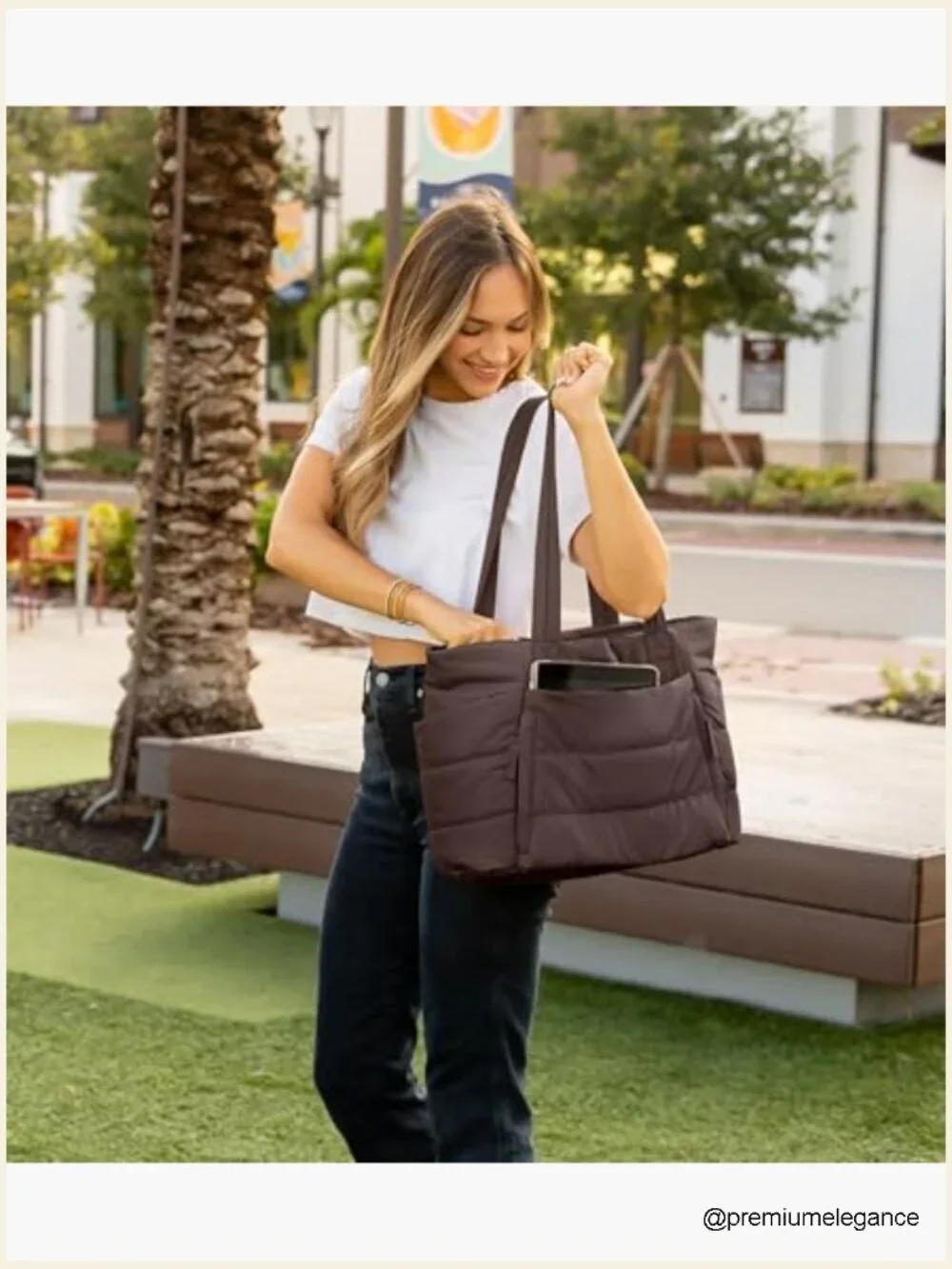 Quilted Puffer Tote with Laptop Compartment, 20L, Water Resistant, Lightweight